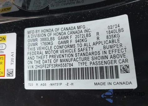 2024 Honda Civic Sport from USA, damaged, VIN 2HGFE2F53RH558784